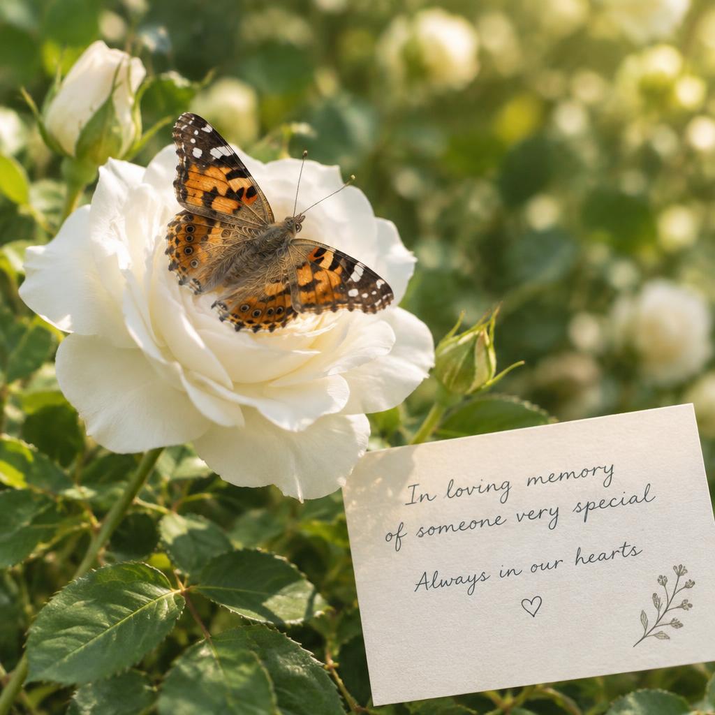 Painted Lady on a white rose next to a dedication card