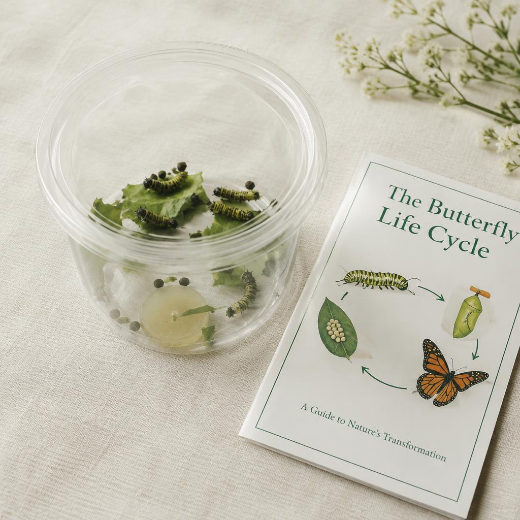 Cup of live Painted Lady caterpillars with food