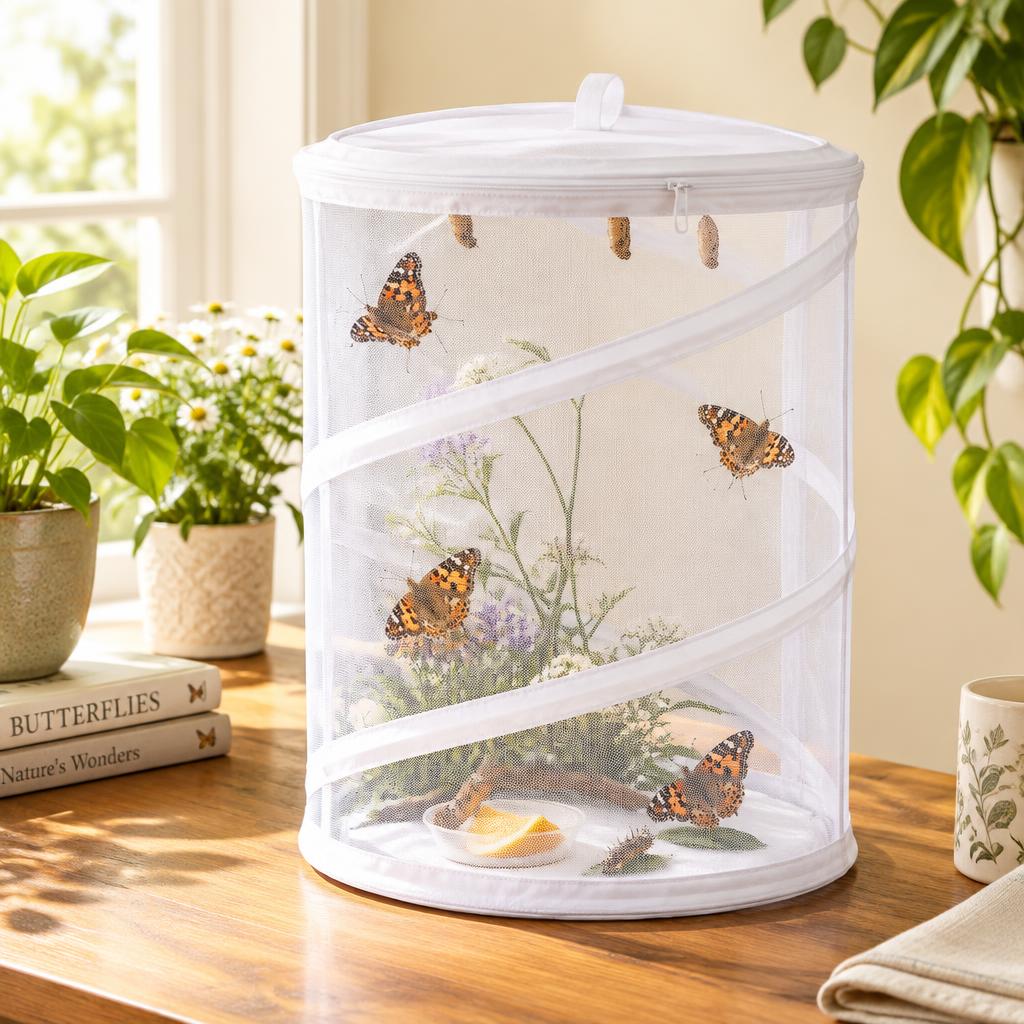 Pop-up butterfly habitat with Painted Lady butterflies