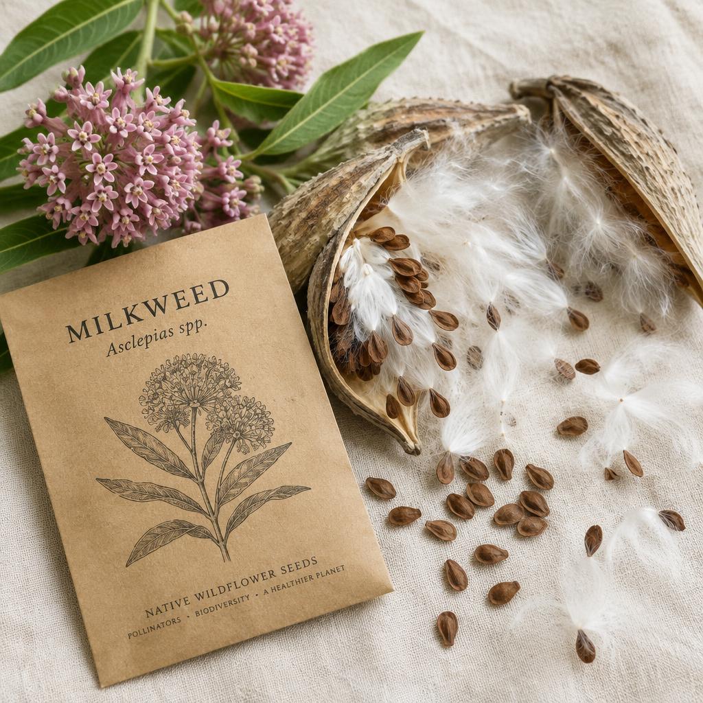 Milkweed seed packet with seed pods and pink flowers