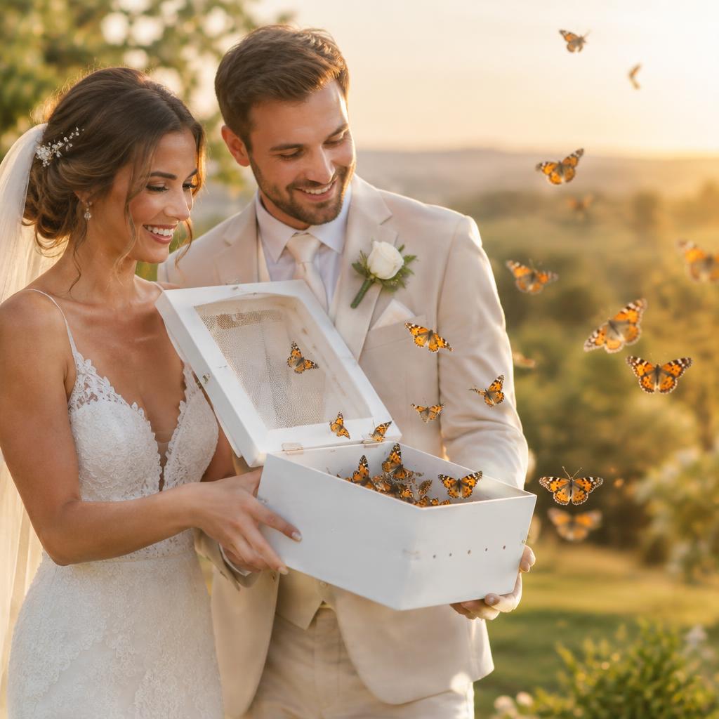 Couple releasing Painted Lady butterflies from a white release box